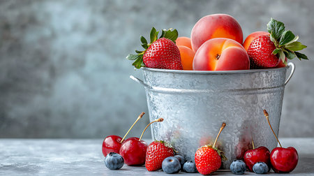 Fresh fruits in metal bucket on gray background. Selective focus.の写真素材