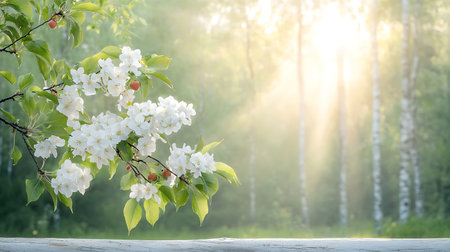 White flowers of apple trees on a background of green foliage in the rays of the setting sun.