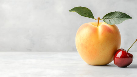 Fresh ripe apricots and cherries on white marble table. Space for textの写真素材