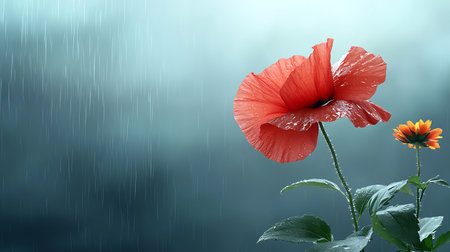 Red poppies with rain drops on a background of green grassの写真素材