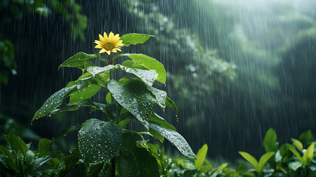 Beautiful sunflower in the rain on a background of green leavesの写真素材