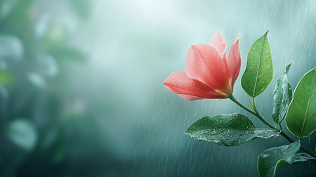 Red flower with rain drop on green nature background. Copy space.