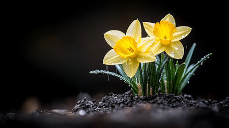 Yellow daffodils with dew dropsの写真素材