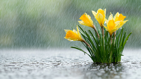 Yellow daffodils in the rain, selective focus, shallow DOF.の写真素材