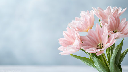 Bouquet of pink tulips on a light blue background.