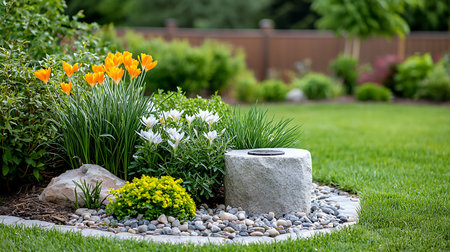 Garden design with stone pot, flowerbed and tulips.