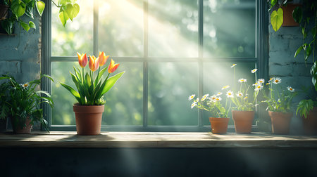 Tulips and daisies in pots on the windowsillの写真素材