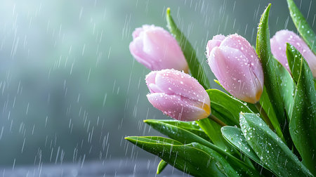 Beautiful pink tulips with drops of water on a rainy dayの写真素材