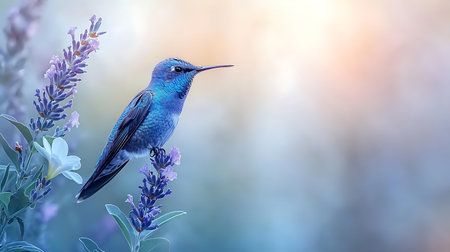 Beautiful hummingbird sitting on a lavender flower in a garden.の写真素材