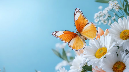 Butterfly on a bouquet of daisies on a blue backgroundの写真素材
