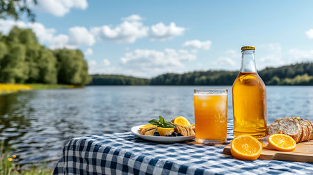 A glass of orange juice and a bottle of orange juice on a picnic table on the shore of a lakeの写真素材