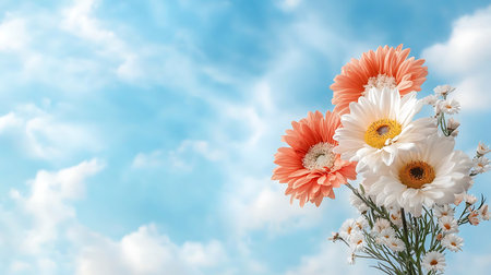 Bouquet of daisies and gerberas on sky backgroundの写真素材