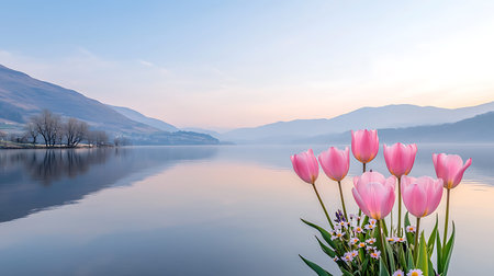 Tulips on the shore of a lake with mountains in the backgroundの写真素材