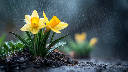 Daffodils in the rain. Spring background with flowers.の写真素材