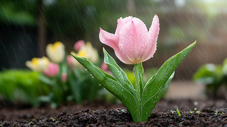 Pink tulip with rain drops in the garden. Nature background.の写真素材