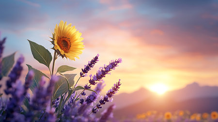 Sunflower and lavender flowers at sunset. Beautiful nature background.の写真素材