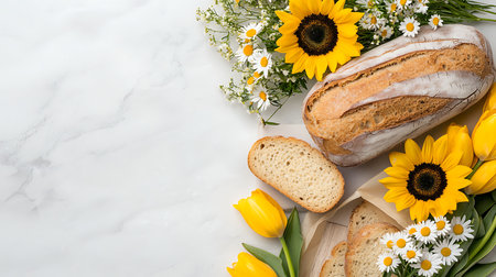 Bread with daisies and sunflowers on white backgroundの写真素材