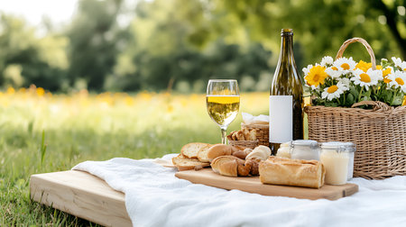 Picnic in the park with a basket of bread, cheese and wineの写真素材