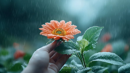 Orange gerbera flower in hand with rain drops on green backgroundの写真素材