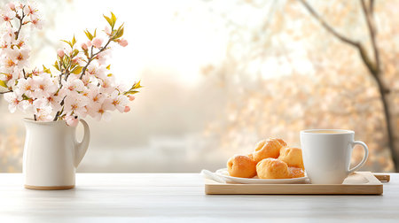 Cup of coffee with sweet buns and sakura flowers on tableの写真素材