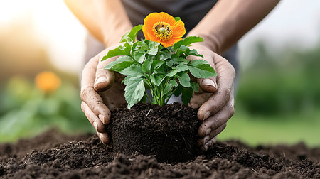 Close up of human hands planting seedling in soil with copy spaceの写真素材