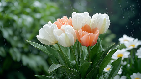 Tulips in the rain. Beautiful bouquet of tulips.