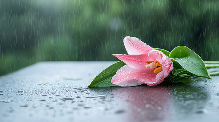 Pink lily with green leaves on a wet wooden table with rain dropsの写真素材