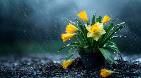 Yellow daffodils in a pot with raindrops on the groundの写真素材