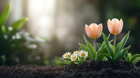 Spring background with tulips and daisies in the soil.