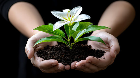 Close up of woman hands holding white lily with soil on black background