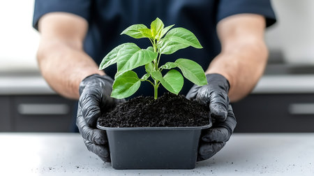 Hands in black gloves holding a plant in a pot with soil