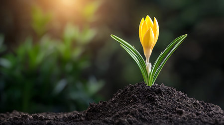 Yellow crocus flower growing in the soil. Spring concept.の写真素材