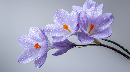 purple crocus flowers with water droplets on a white background