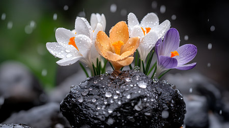 Crocus flowers on zen stones with raindrops, closeupの写真素材