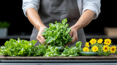 cropped shot of female florist holding tray with fresh green saladの写真素材