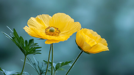 Yellow poppy flowers on a blurred green background. Close-up.