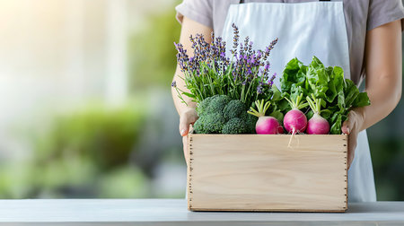 Woman holding wooden box full of fresh organic vegetables and herbs. Healthy food conceptの写真素材
