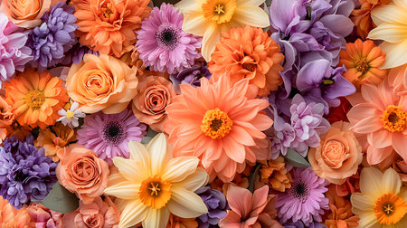 Colorful flower background, top view. Flat lay, top view.の写真素材