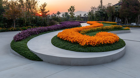 beautiful flower garden in the park at sunset,colorful flower