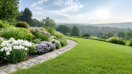 Beautiful spring garden with flowers and path. Panoramic viewの写真素材