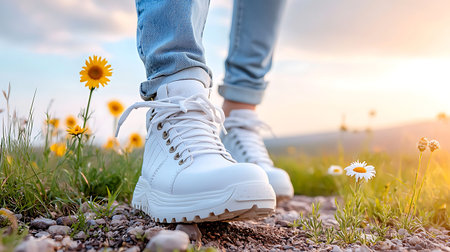 Close up of female legs in jeans and white sneakers on the background of green grass and flowers.