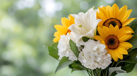 Bouquet of sunflowers and daisies on a green background