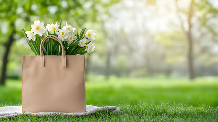 Paper bag with narcissus flowers on green grass in park. Spring concept.の写真素材