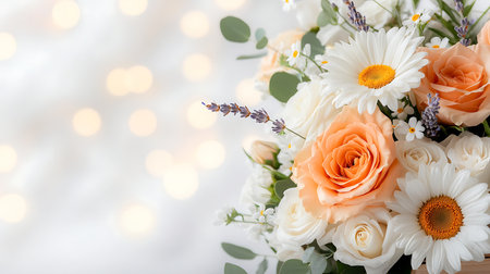 Beautiful bouquet of flowers on a white background with bokehの写真素材