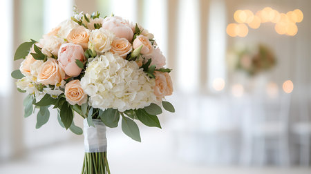 Beautiful wedding bouquet with roses in vase, closeupの写真素材