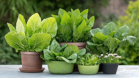 Variety of fresh herbs in clay pots on the table in garden