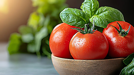 Fresh tomatoes with basil leaves in a wooden bowl on a gray background.の写真素材