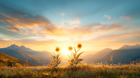 Sunflower in the meadow at sunset with mountains in the backgroundの写真素材