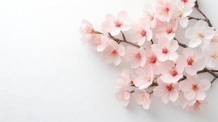 cherry blossom branch on white background with copy space for textの写真素材