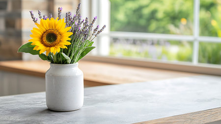 Bouquet of sunflowers and lavender in vase on tableの写真素材
